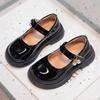 Girls Black Leather Shoes Princess Sweet Flat Mary Janes with Pearl Pendant for Wedding Party Back To School Dress Flats 26-36
