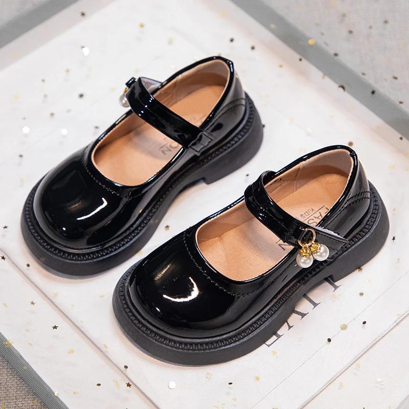 Girls Black Leather Shoes Princess Sweet Flat Mary Janes with Pearl Pendant for Wedding Party Back To School Dress Flats 26-36