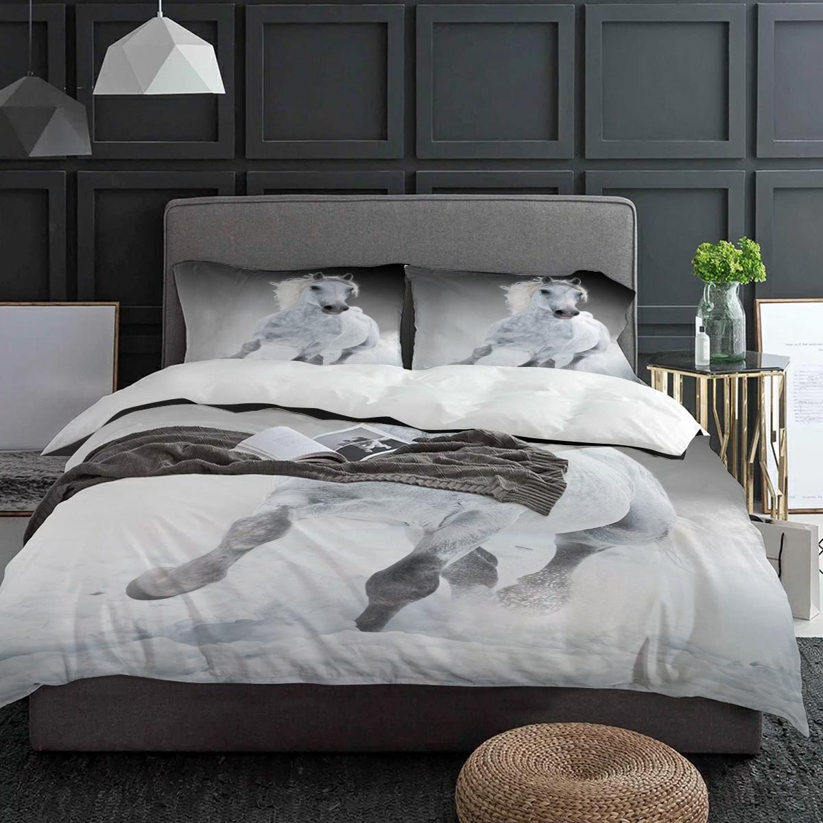 

White Horse Wild Animals Bedding Set 3pcs Boys Girls Duvet Cover Pillowcase Kids Adult Quilt Cover Double Bed Set Home Textile (135x200cm)
