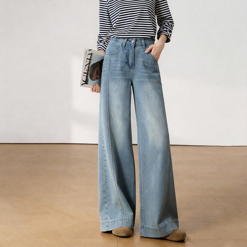 La Chapelle 7m2026 Spring Fashion Versatile High-Waisted Straight Loose Wide-Leg Jeans for Women Vintage Blue Trousers XS