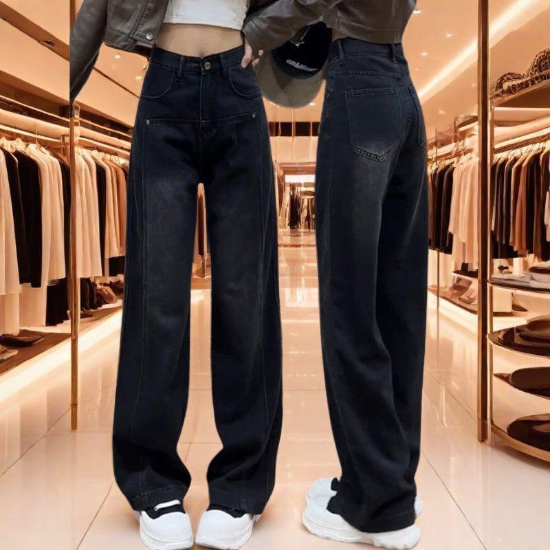 

Women s Plus Size Black Wide-Leg Jeans, Velvet-Enhanced, Floor-Length, Autumn/Winter Style for Pear-Shaped Figures. Medium