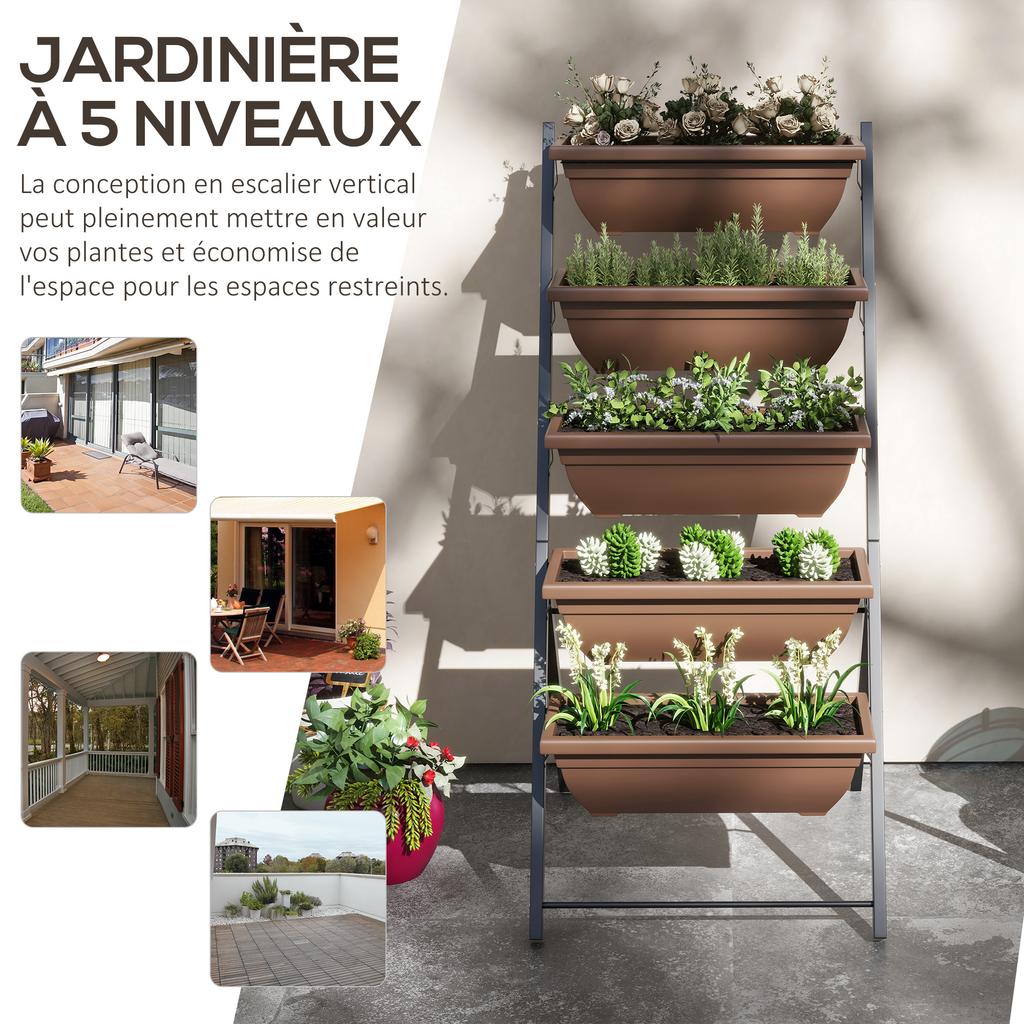 Raised garden bed with tiers, vertical planter, 5 flower boxes, drainage holes, brown steel