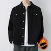 Men's Black Casual Loose Fit Denim Jacket with Velvet Lining - Trendy Autumn/Winter Workwear Style