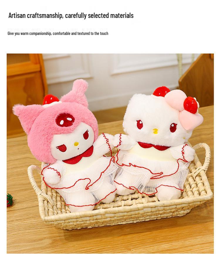 Kuromi Strawberry Cake Cat Doll with Birthday Hat Plush Toy