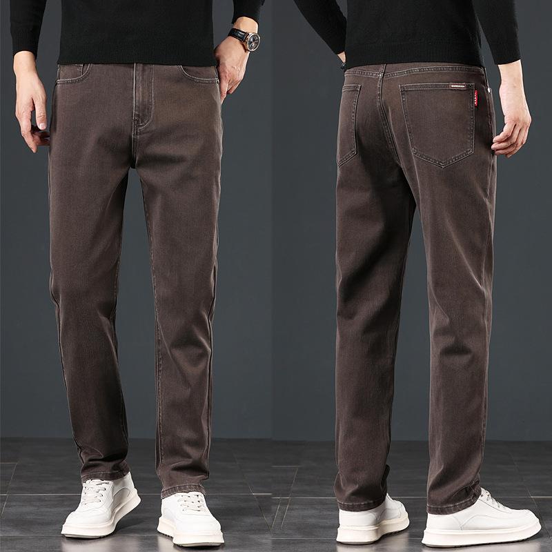 

Осенние новые джинсы из денима, мужские повседневные брюки из чесаного хлопка, свободные прямые брюки, легкие деловые брюки с высокой талией и глубоким вырезом 40 кофейный