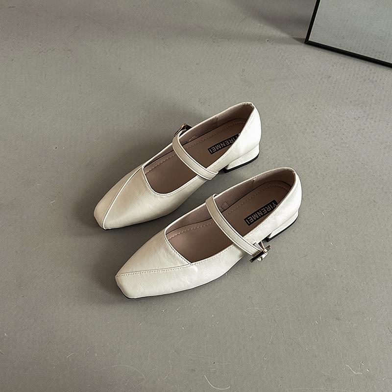 

One-word buckle thick heel light mouth retro temperament with skirt Mary Jane shoes summer temperament square head single shoes women s shoes 41 бежевый