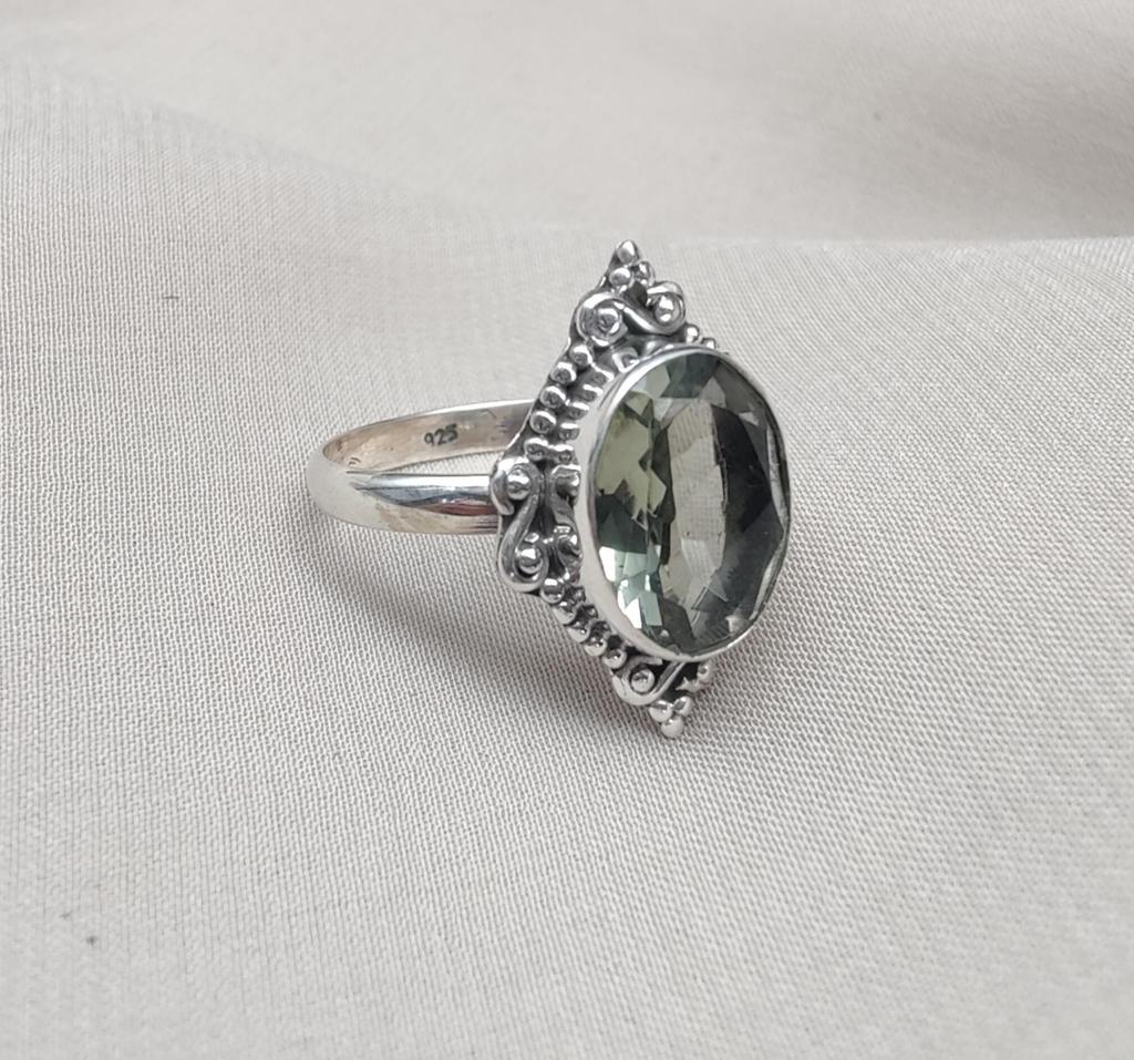 Green Amethyst 925 Sterling Silver Ring: Faceted Oval, Boho Statement Ring