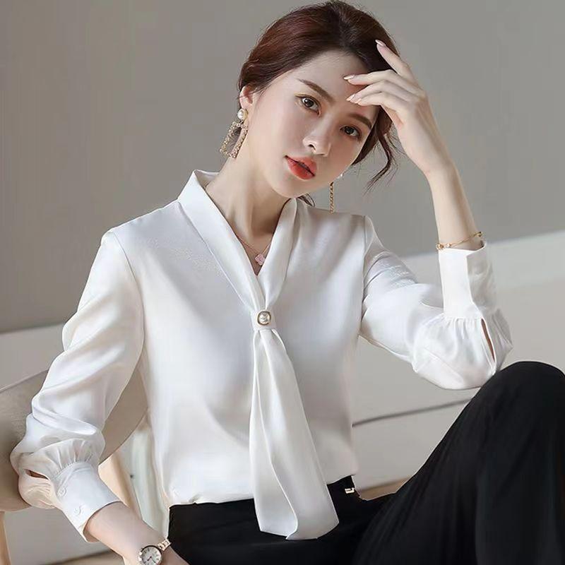 Damen Frühling Herbst Vier Jahreszeiten Stil Blusen Hemden Dame Lässig Langarm Schleifenknoten Kragen Blusas Tops