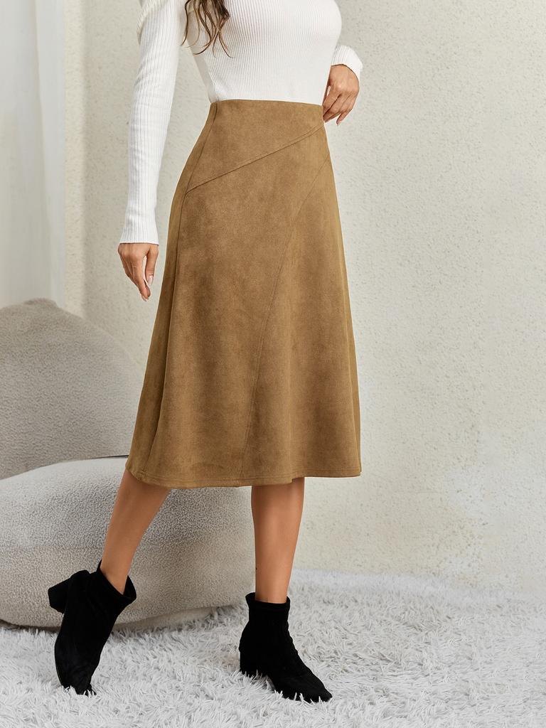 Damen Unifarbener Patchwork Wildleder Reißverschluss Rock Hohe Taille Schnalle Umwickelte Hüfte Kurzer Rock Mittellanger Rock