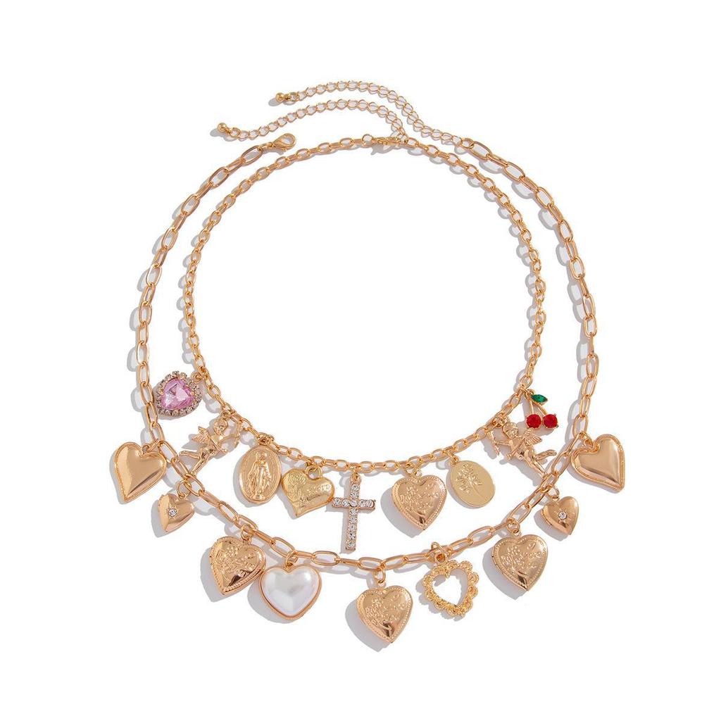 European-American Love Pendant Alloy Necklace with Diamond Cross Clavicle Chain, Stacking Style