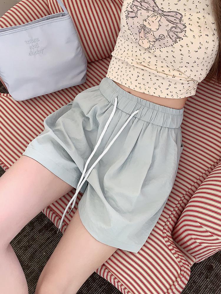Women's High Waist Drawstring Blue Shorts - Summer Casual, Slimming Wide-Leg for Middle School Students