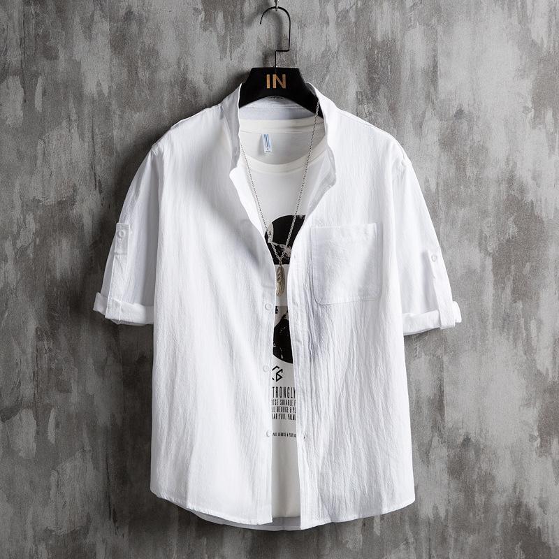 Thin Short-sleeved Shirt Men's Summer Korean Version of The Five-point Sleeve Handsome Solid Color Shirt  Large Size Stand-up Collar Cardigan