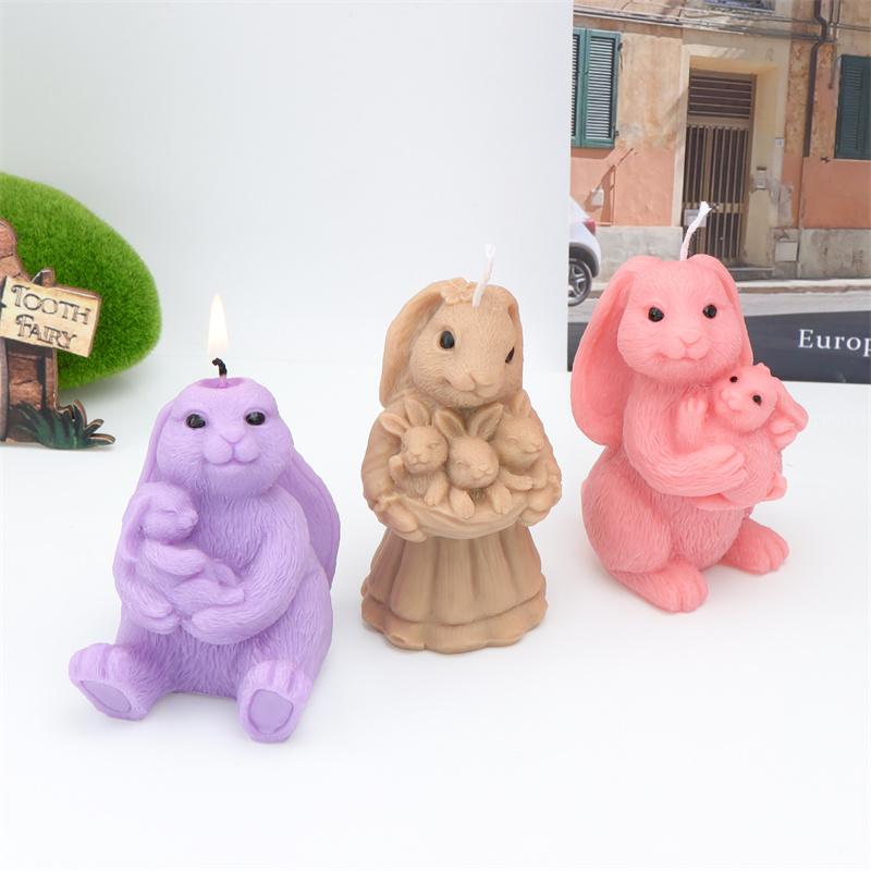 Easter Couple Holding Loving Rabbit Silicone Candle Mold DIY Mother Rabbit Holding Small Rabbit Easter Gift Candle Plaster