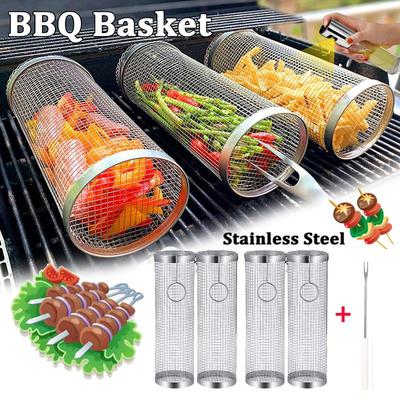 Grill Basket BBQ Basket Rolling Stainless Steel Grill Mesh Barbeque Supplies Portable Easy Cleaning for Outdoor Camping Grilling