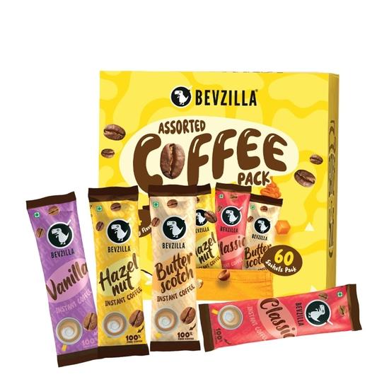 Bevzilla 60 Instant Coffee Powder Sachets (4 Flavours) – 120 Grams | Hazelnut, Classic, Vanilla & Butterscotch | 15 Pouches Each Flavour