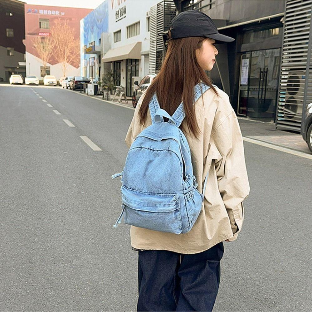 Street Style Denim Backpack Japanese Style Solid Crossbody Bag Simple Vintage Handbag Women&Men