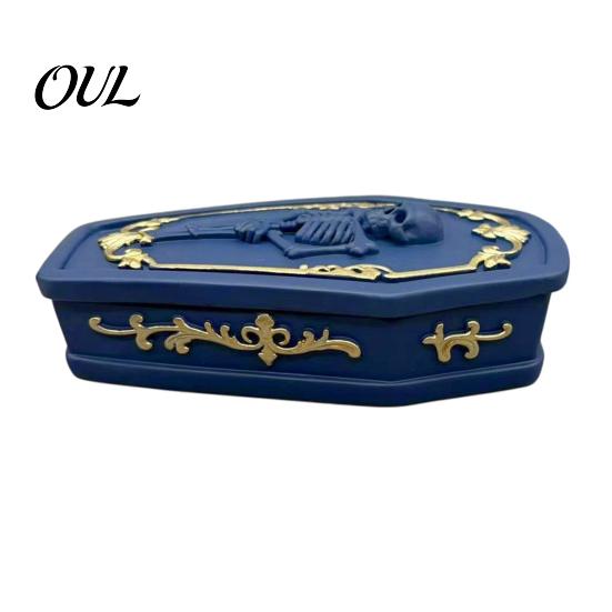 Halloween Atmosphere Prop Gothic Skull Casket Jewelry Box, Resin Spooky Storage Figurine for Holder Rings, Dark Tabletop Organizer, Unique Gift