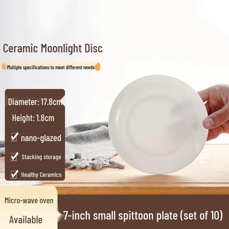 FATTBAO 7-inch Pure White Ceramic Bone/Snack Plates, Set of 10