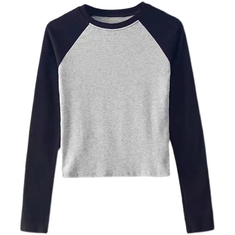 Women's Slim Fit Ribbed Crew Neck Long Sleeve T-Shirt, Short Style for Spring 2024 - Trendy High Waist Outfit