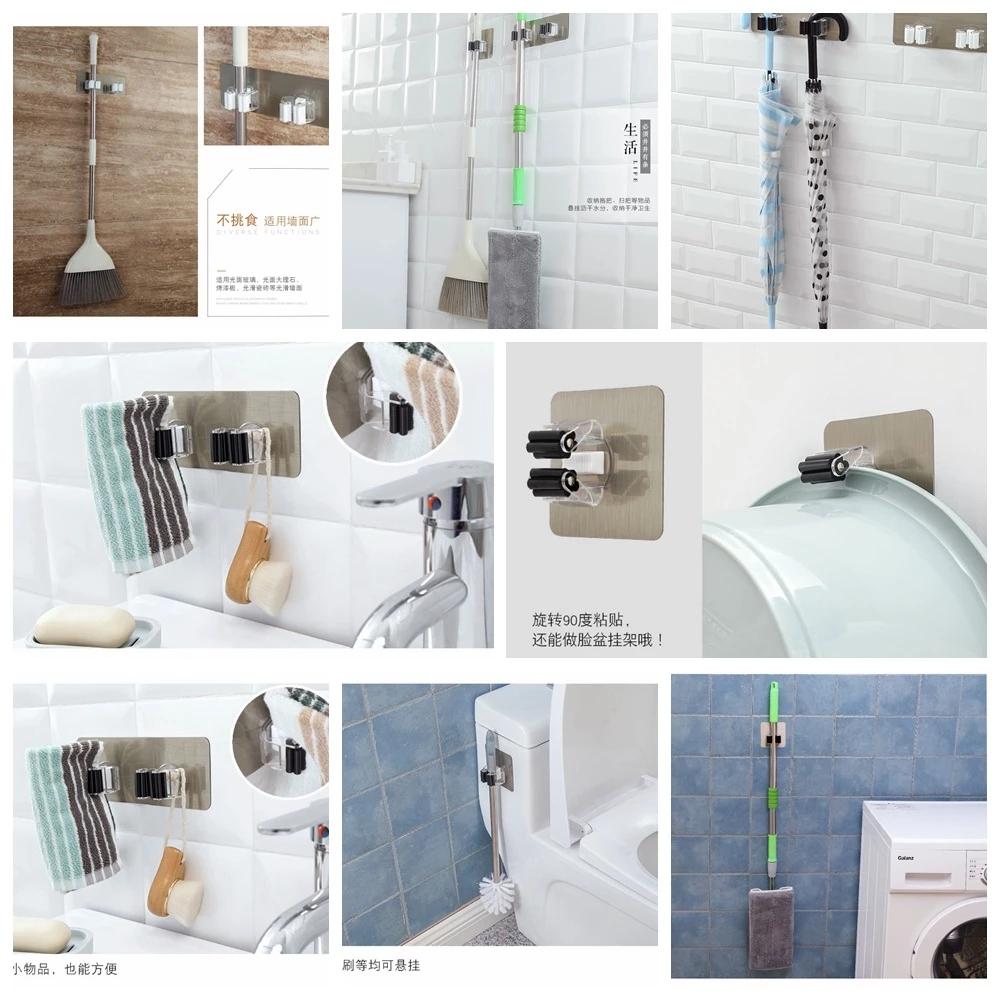 Adhesive Multi-Purpose Hooks Wall Mounted Mop Organizer Holder Rack Brush Broom Hanger Hook Kitchen Bathroom Hooks
