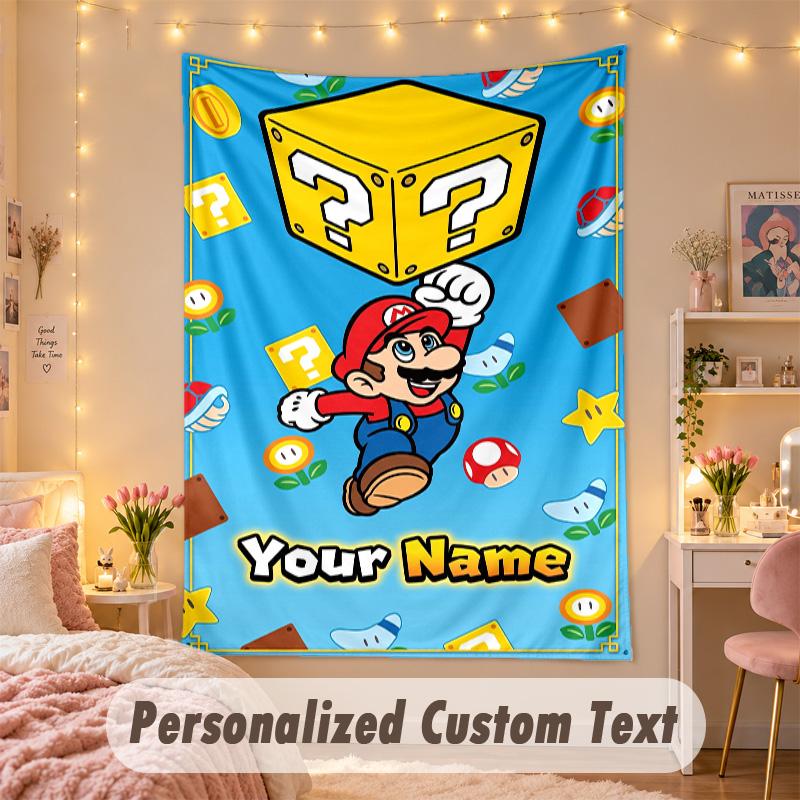 Custom Personalized Tapestry,Super Mario Print Custom Name Text Wall Art Hanging for Bedroom