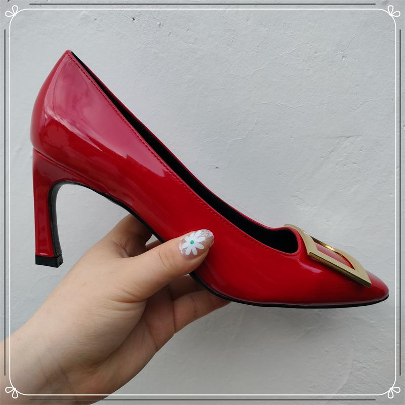 Lady Ww Classic Rv Square Buckle Small Square Head Shallow Mouth High Heels Women's Autumn and Winter New Thick Heel Flat Bottom Commuter Shoes