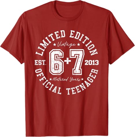 Teenager 13th Birthday 67 13 Year Old Boys Girls Vintage TShirt Y2k 67 Internet Six Plus Seven Graphic Saying Tee Novelty S