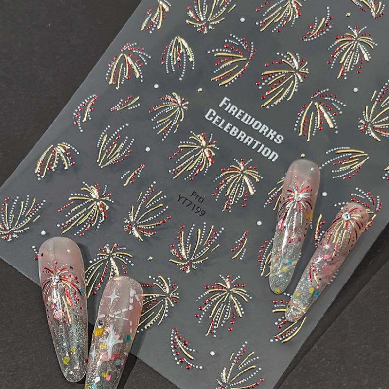 Fireworks Nail Stickers Rainbow Laser Silver Pink Blooming Firework New Year Celebration Nail Art Decals Decoration