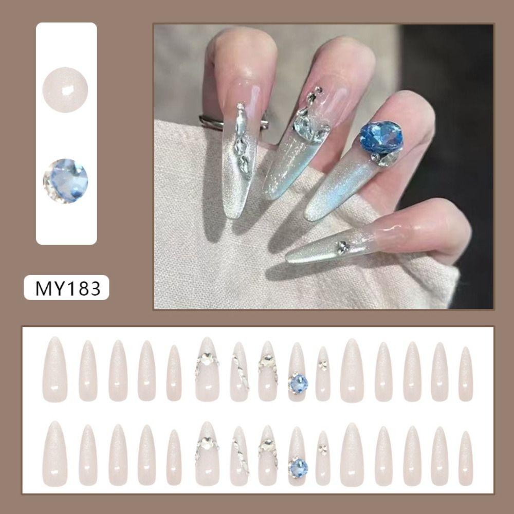 30pcs Long Almond Stiletto False Nails Shimmering Moonlight Cat Eye Rhinestone Fake Nails French Detachable French Nail Tips DIY