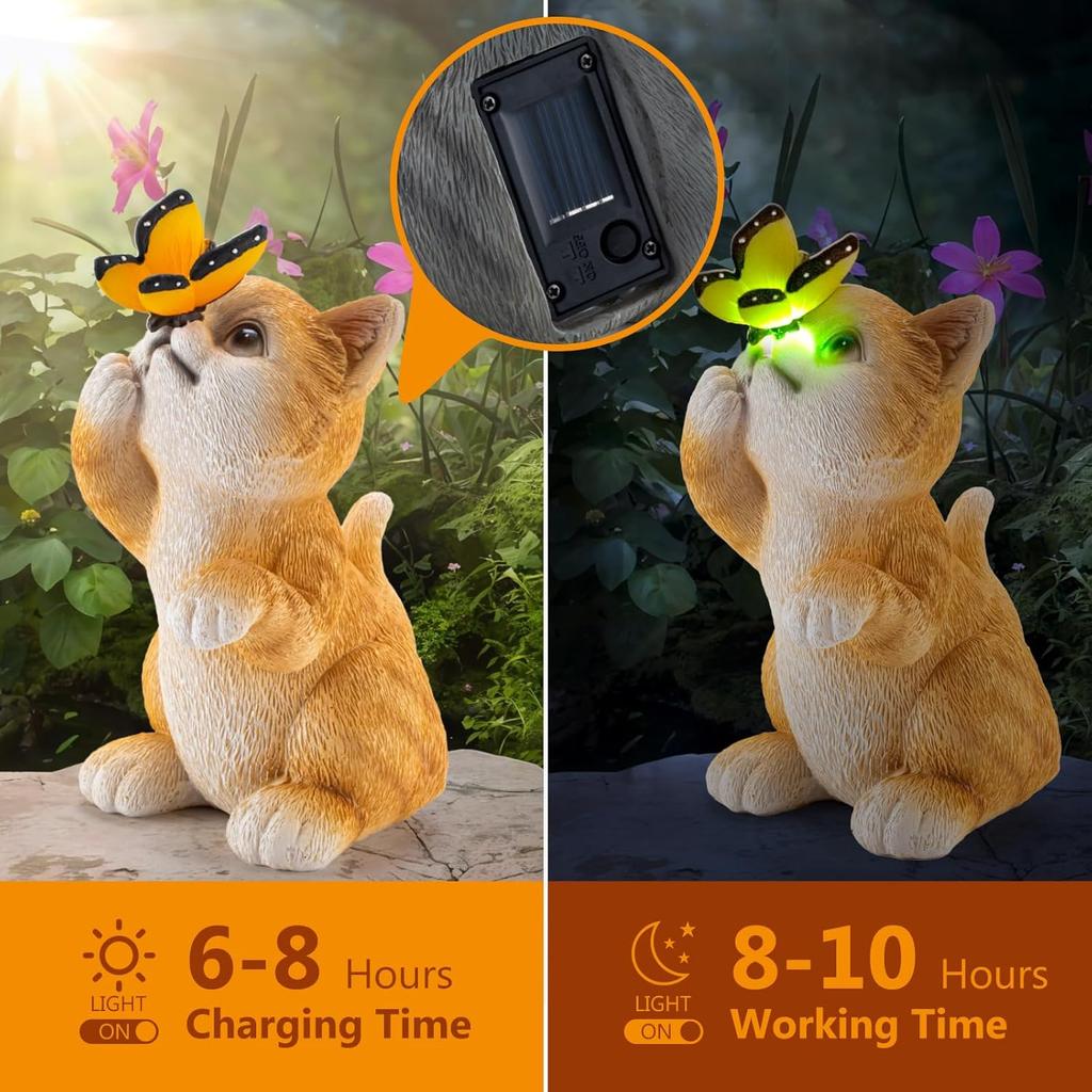 OWANVION Solar Cat Garden Statue, Resin Outdoor Statues with Butterfly Changing Light, Yard Art Lawn Ornaments for Patio Balcony Home Decor, Birthday