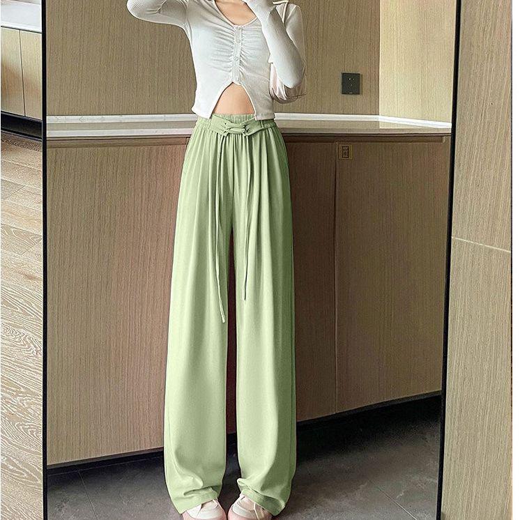 Women's Pink Ice Silk Wide-Leg Pants: Summer Thin High Waist, Straight-Leg Casual Style for Spring and Autumn