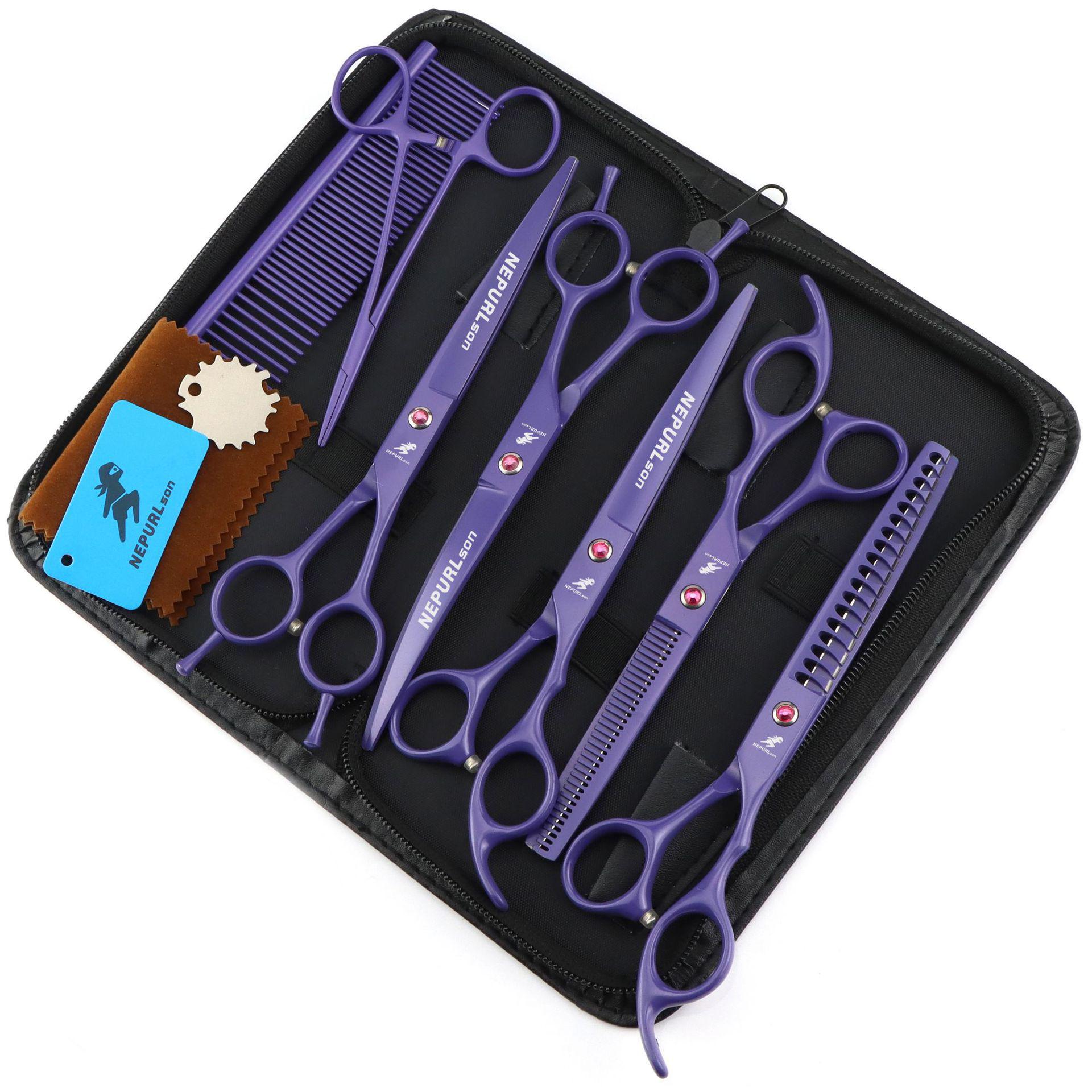 7 Green 6-Piece Pet Grooming Scissors Set: Straight Shears, Double Tail Curved Shears, Fish Bone, and Fine Tooth Comb