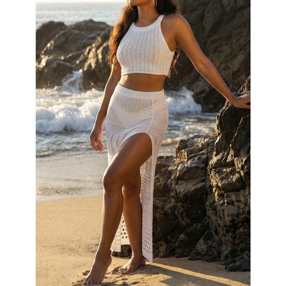 New Solid-color Round-neck Halter Top with Slit Texture, Full-length Skirt, Sun Protection Beach Set for Women