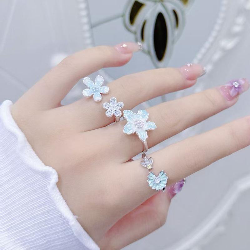 Small Fresh Mori Glacier Blue F Enamel Flower Gradual Change Opening Ring Female Light Luxury Cold Wind Sweet Cool Index Finger