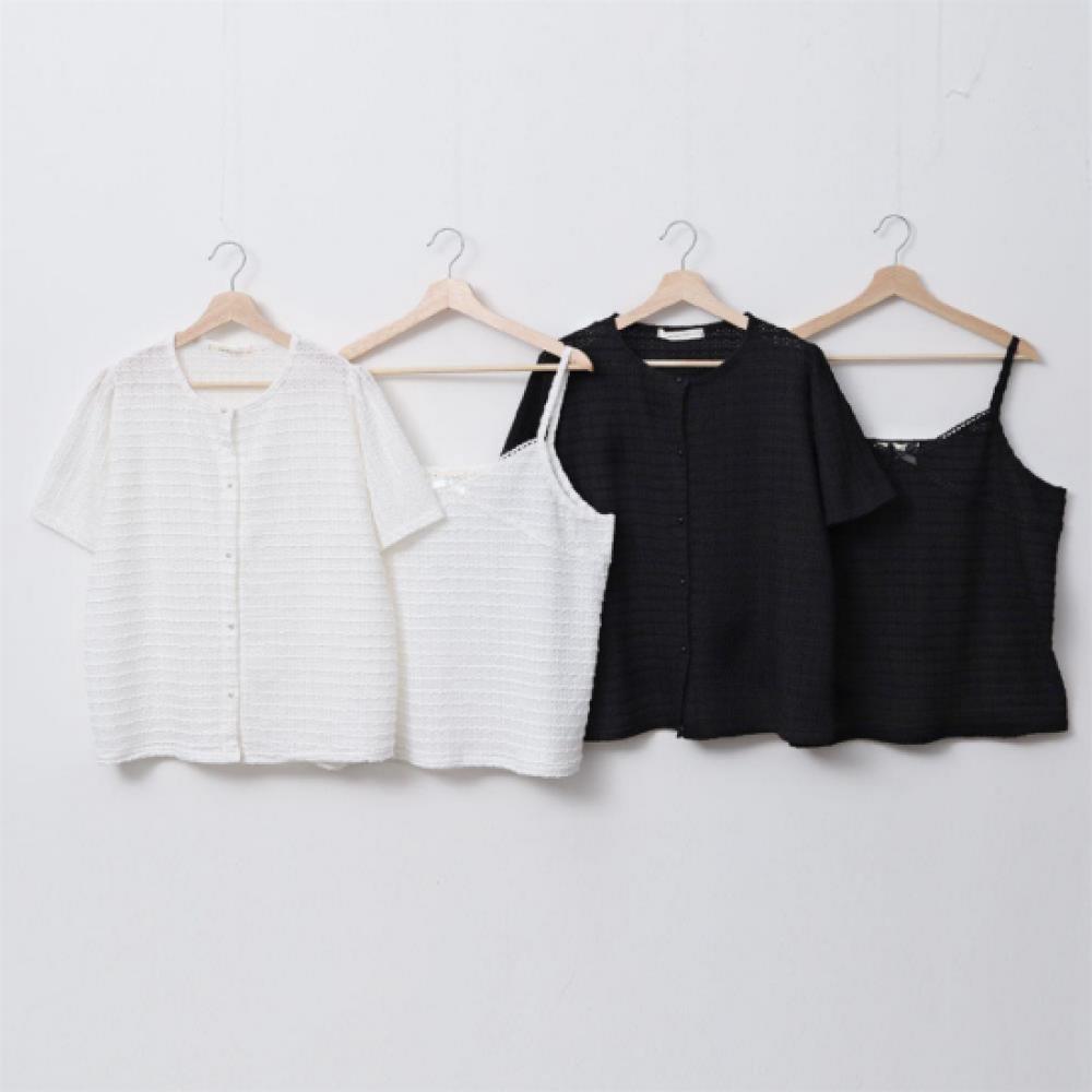 New Arrivals Open Run Women Ribbon Inner Tank Top And Short Sleeve Cardigan Set