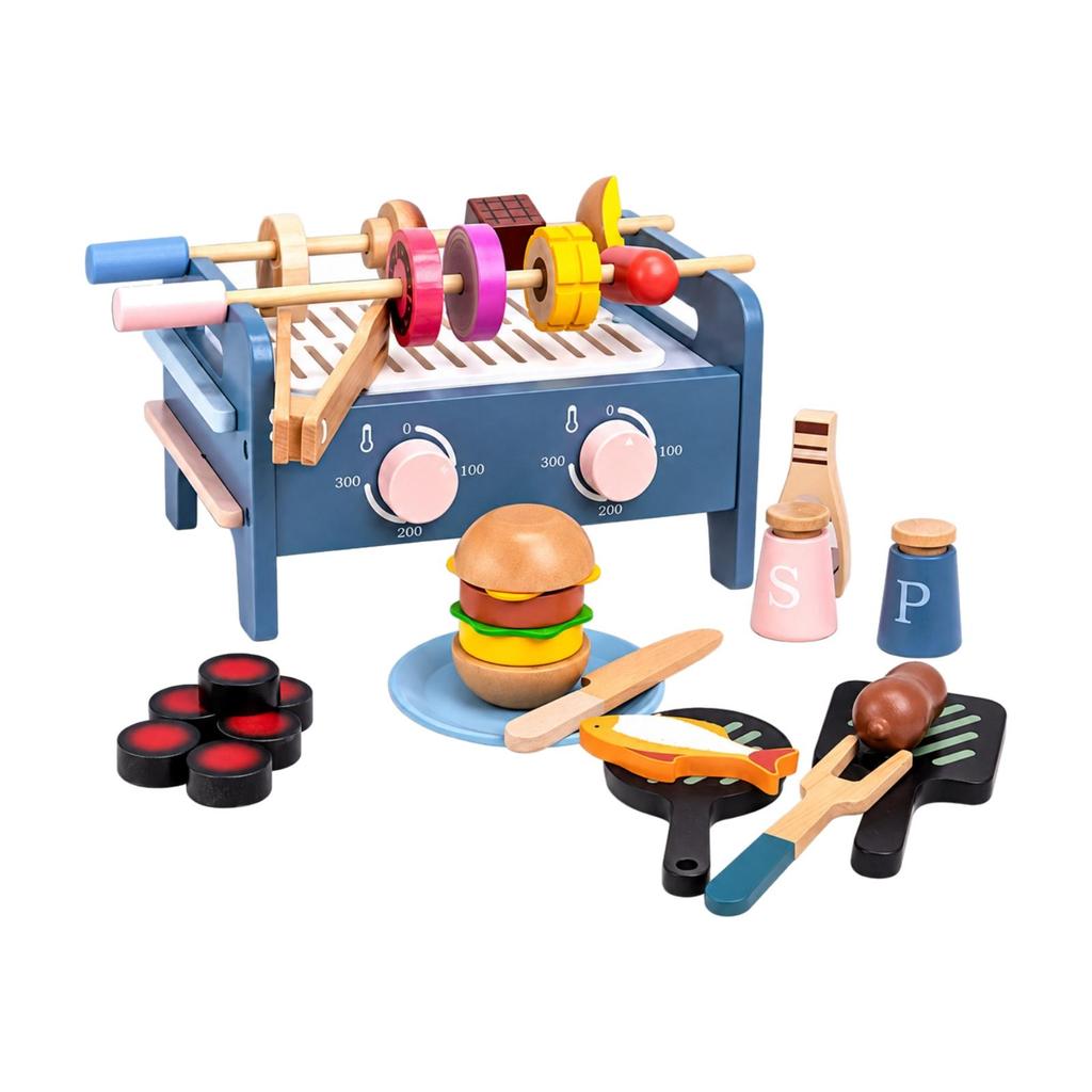 Wooden Barbecue Playset with Play Food Imaginative for Playroom
