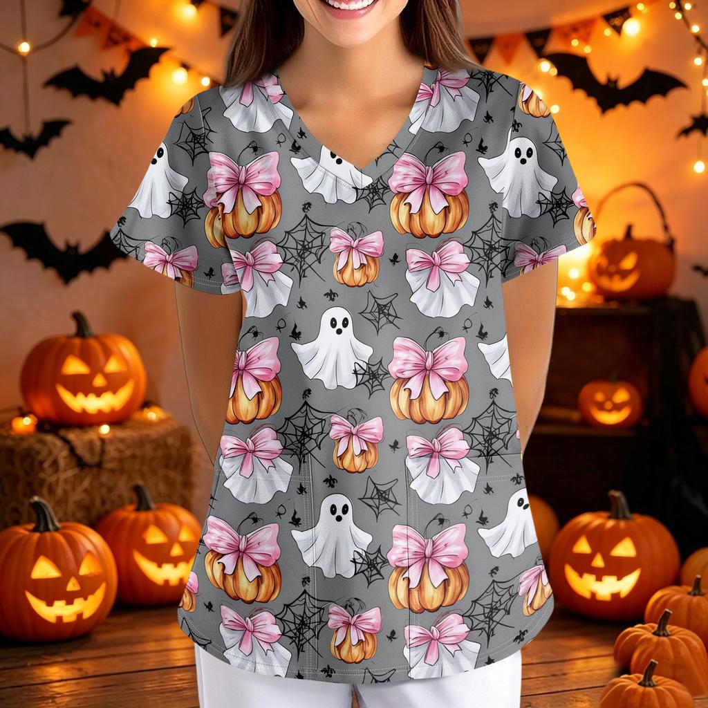 Women's Halloween Print Loose Fit V Neck Pocket Short Sleeve Medical Scrub Top Nurse Uniform Workwear
