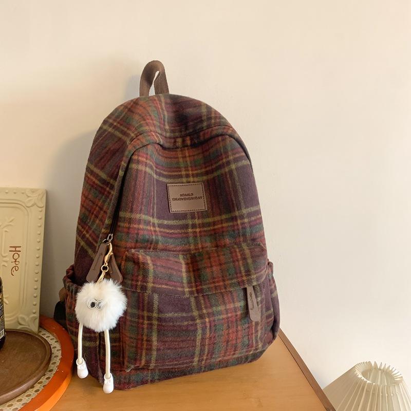 Schultaschen-Rucksack für Damen, wollener Herbst/Winter neuer Mittelschulrucksack, einfacher karierter Reiserucksack, Schulranzen im College-Stil
