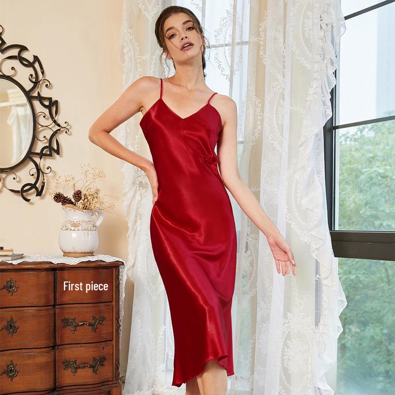 

Женское платье-комбинация без рукавов с V-образным вырезом - Весенне-летнее, имитация шелка, тонкое и сексуальное домашнее платье M красный