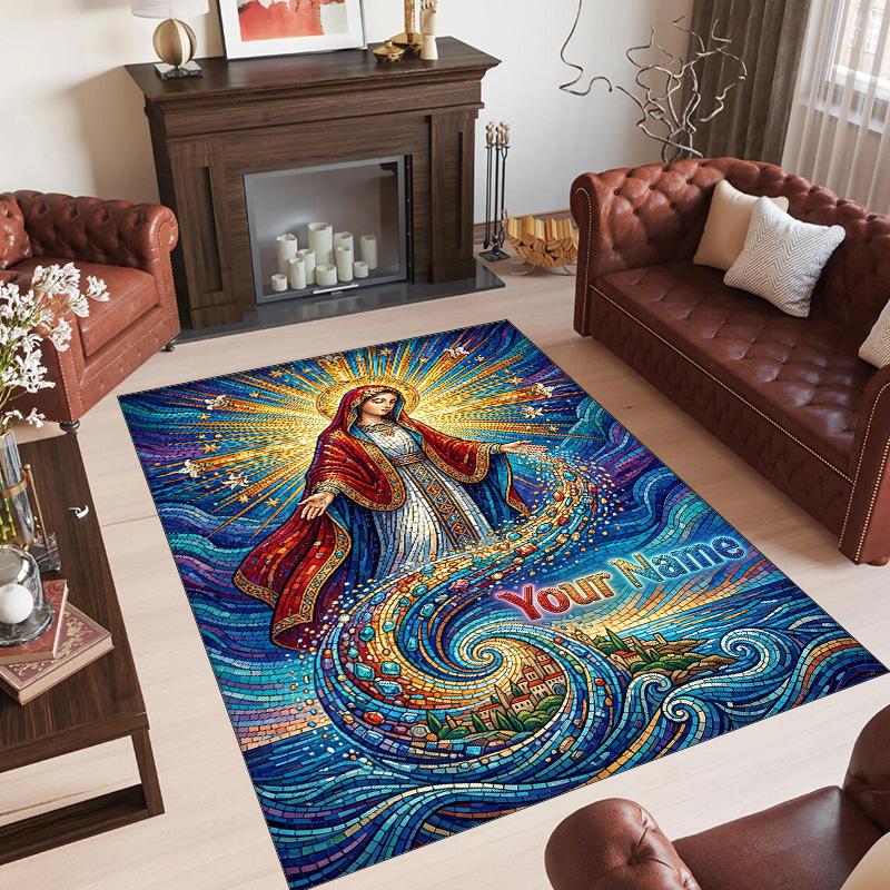 Virgin Mary Theme Crystal Velvet Rug Personalized Custom Name Text Soft Floor Mat Home Decor