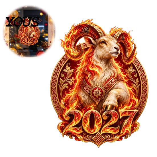 Decorative Glass Stickers 2027 New Year Flame Goat Static Sticker, PVC Ram Window Cling for Home and Store Decoration, Clings Russian Red