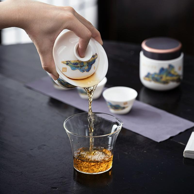 Chinese Style Portable Travel Ceramic Tea Set Household Travel Outdoor Kung Fu Tea Pot and Teacup Leather Bag Set Gift New