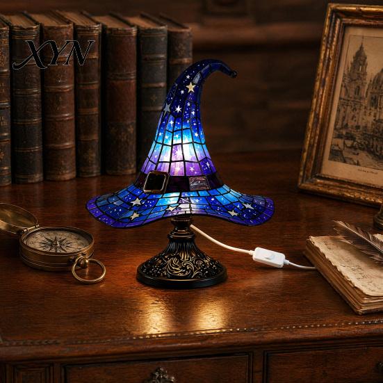 Halloween Decoration Lamp Witch Hat Table Lamp, USB Powered LED Bedside Light, Resin Gothic Night Light for Bedroom, Living Room, Shelf Decor