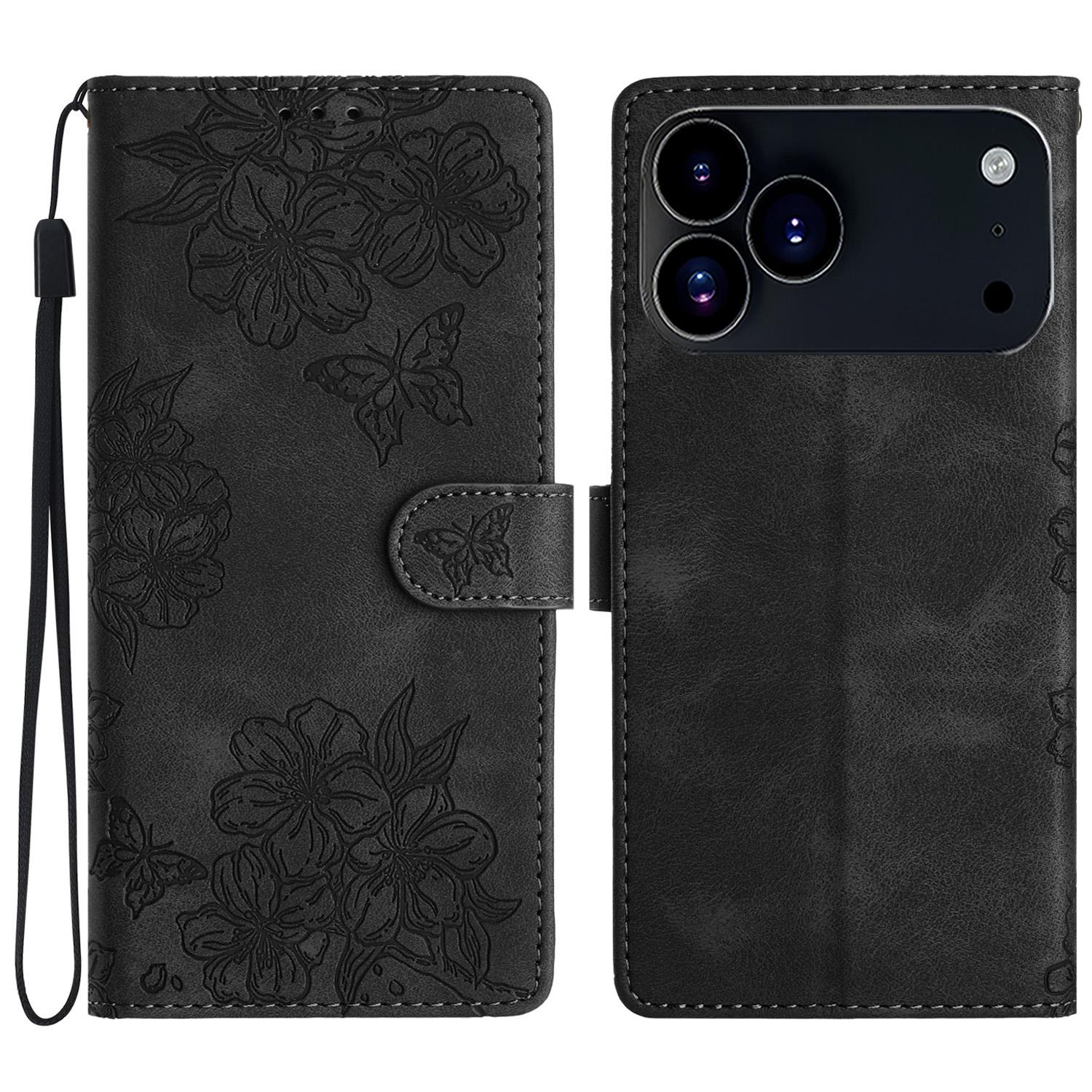 

For iPhone 17 Pro Case Butterfly Flower Pattern Skin-Touch Leather Phone Cover Black