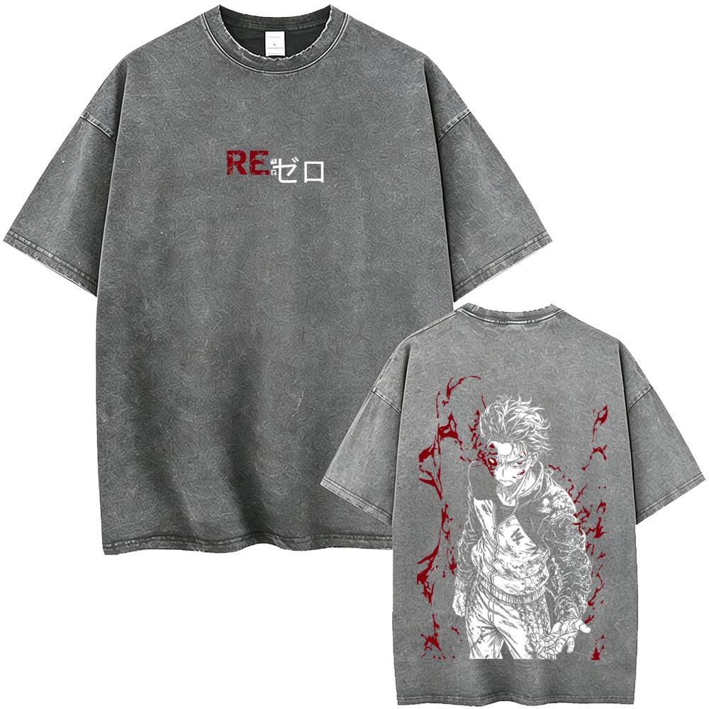Washed Vintage Anime ReZERO Starting Life In Another World Tshirt Subaru Natsuki Graphic T Shirt Men Women Oversized Tshirts