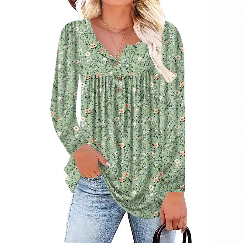 

Women s Light Green Floral Print V-Neck Blouse with Ruffled Hem and 3/4 Sleeves 1XL світло-зелений колір