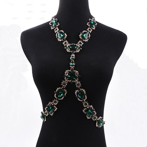 

2025 New Fashion Big Glass Waist Chain Body Chains Necklace Jewelry Women Indian Statement Long Crystal Rhinestones Necklace зелёный