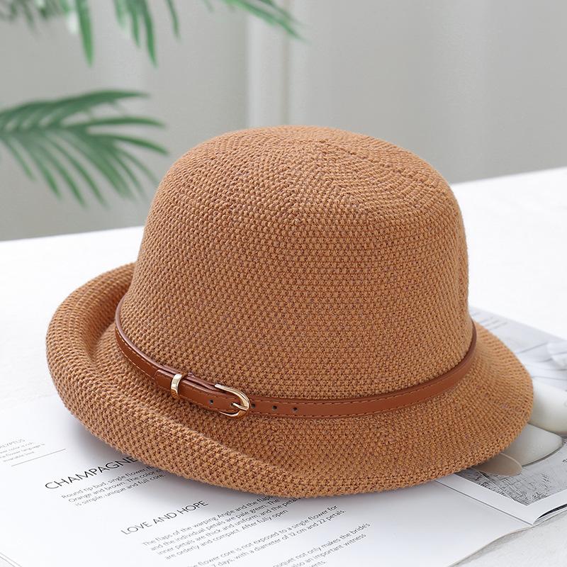 Chapeau de pêcheur classique en tricot respirant pour le printemps/été avec boucle de ceinture métallique pour les vacances des femmes, protection solaire, bord ondulé