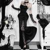 Y2K Goth Cross Lace See Through Flared Sleeve Club Dresses Vintage Punk Elegant Lace-up Maxi Dress Halloween