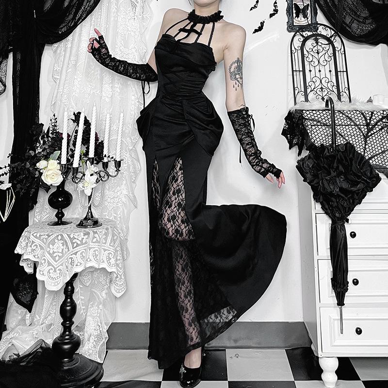 Y2K Goth Cross Lace See Through Flared Sleeve Club Dresses Vintage Punk Elegant Lace-up Maxi Dress Halloween